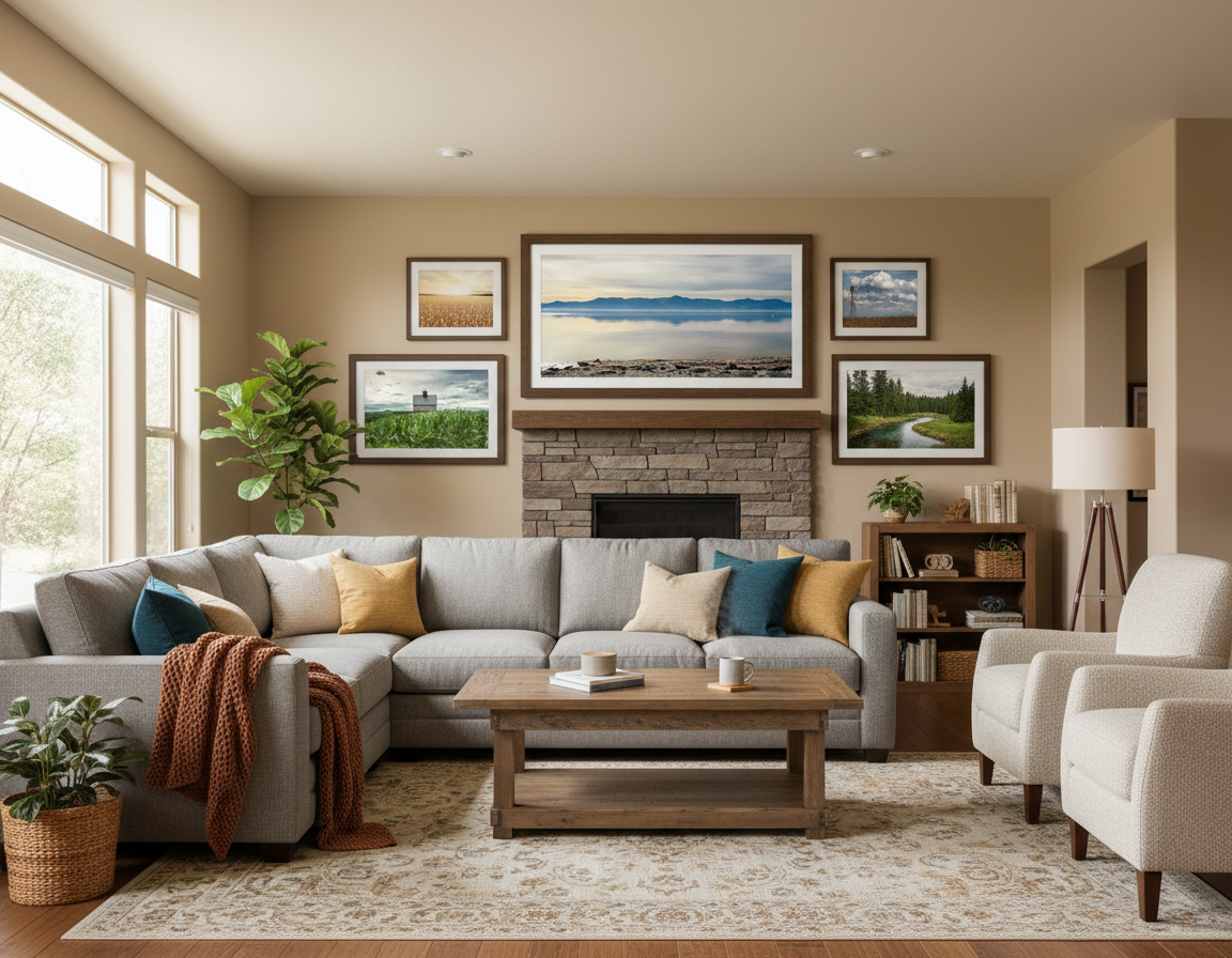 Living room with framed artwork on the walls