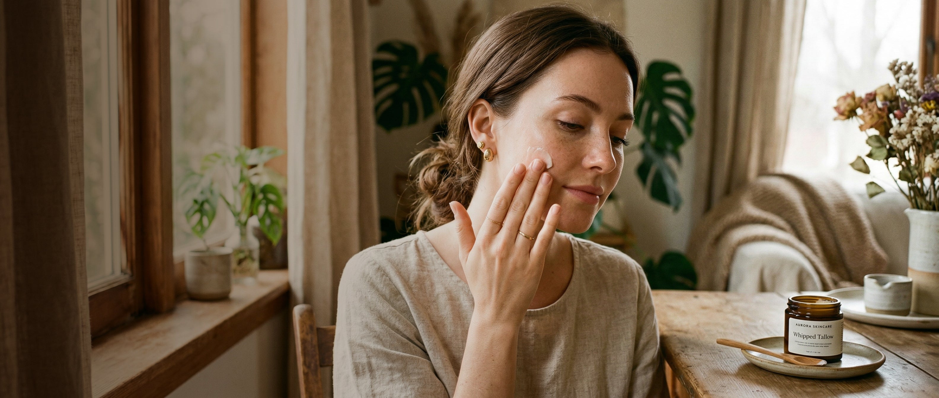 Woman applying tallow cream to her face in a cozy room with plants and a table.