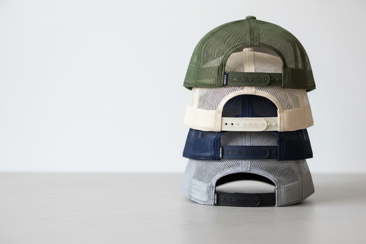 more of a trucker style hat focus on the back closures